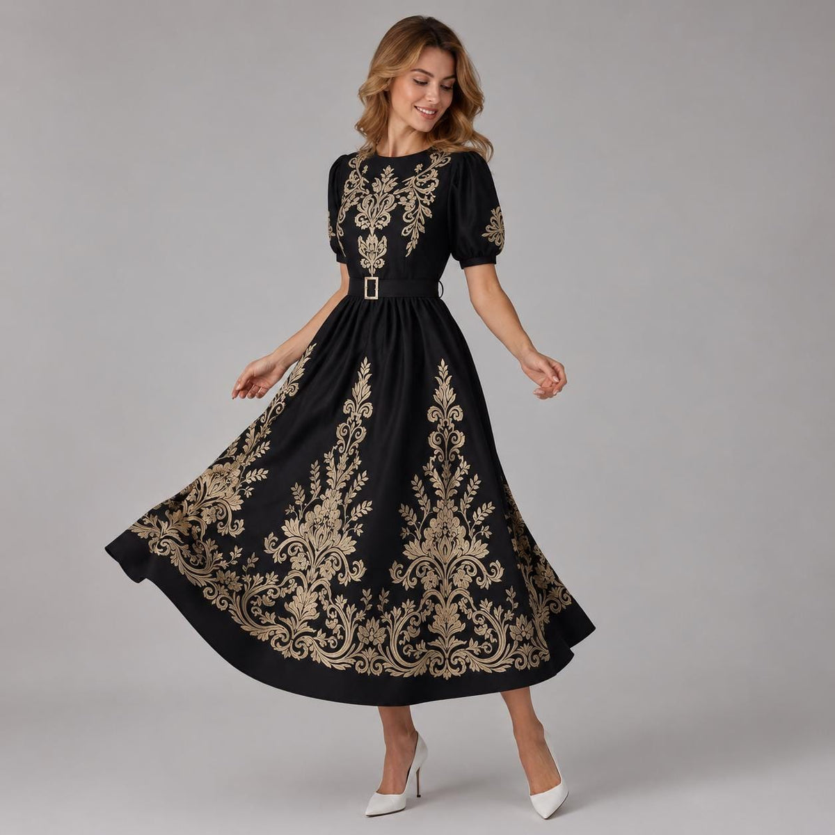 Black Gold Floral Embroidered Maxi Dress | Vintage Style Puff Sleeve Belted Gown