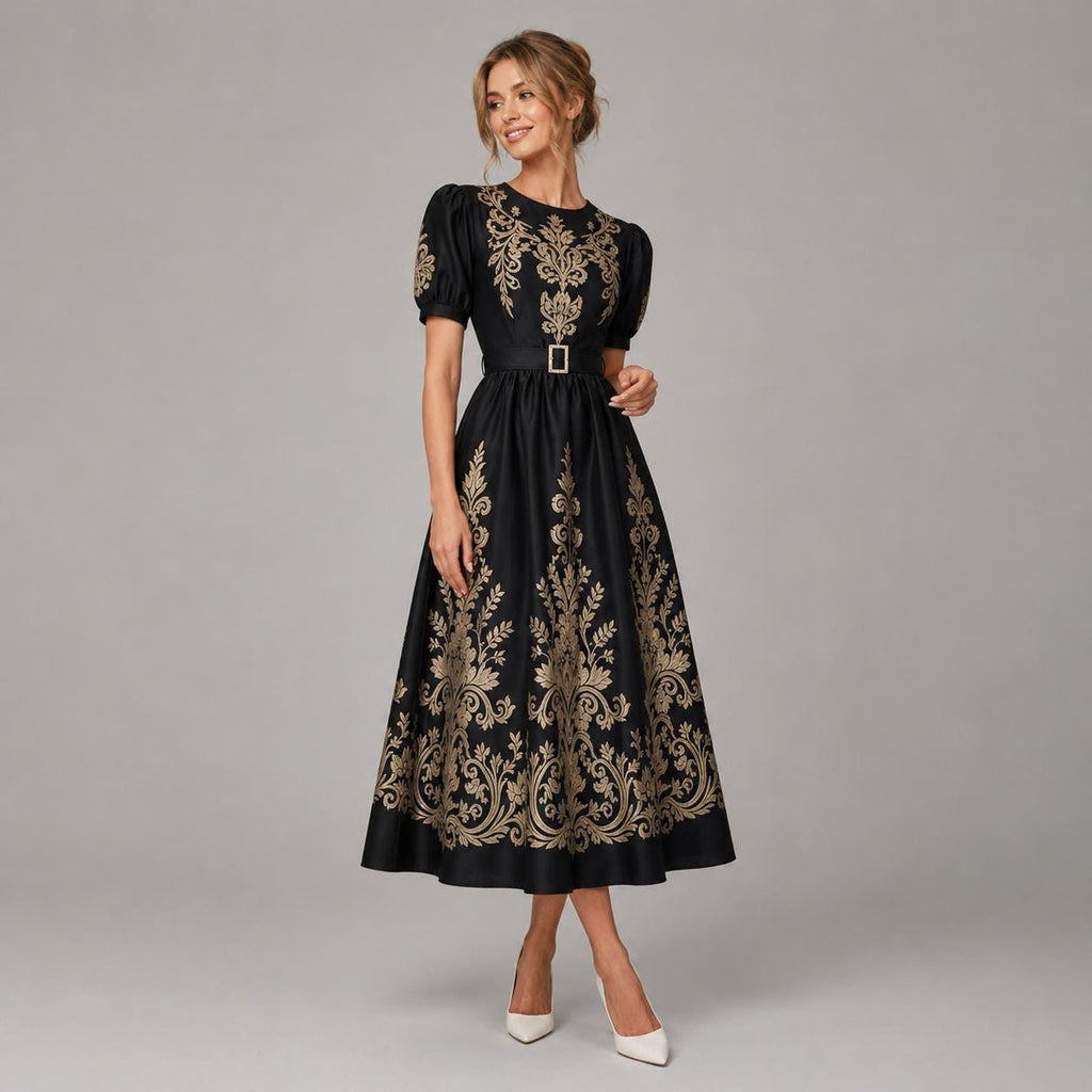 Black Gold Floral Embroidered Maxi Dress | Vintage Style Puff Sleeve Belted Gown