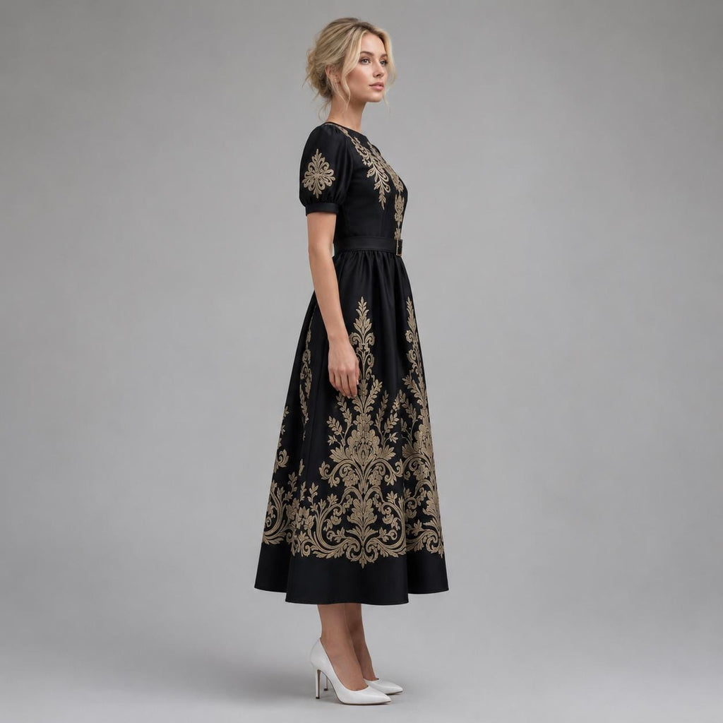 Black Gold Floral Embroidered Maxi Dress | Vintage Style Puff Sleeve Belted Gown