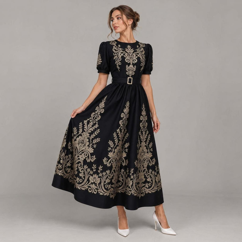Black Gold Floral Embroidered Maxi Dress | Vintage Style Puff Sleeve Belted Gown