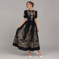 Black Gold Floral Embroidered Maxi Dress | Vintage Style Puff Sleeve Belted Gown