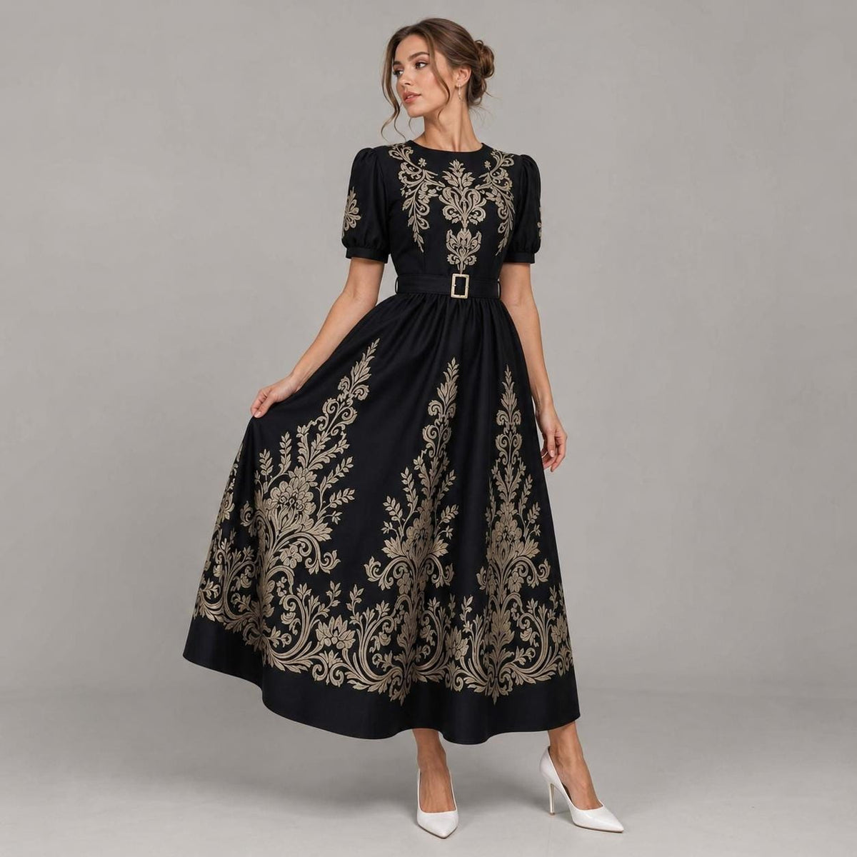 Black Gold Floral Embroidered Maxi Dress | Vintage Style Puff Sleeve Belted Gown
