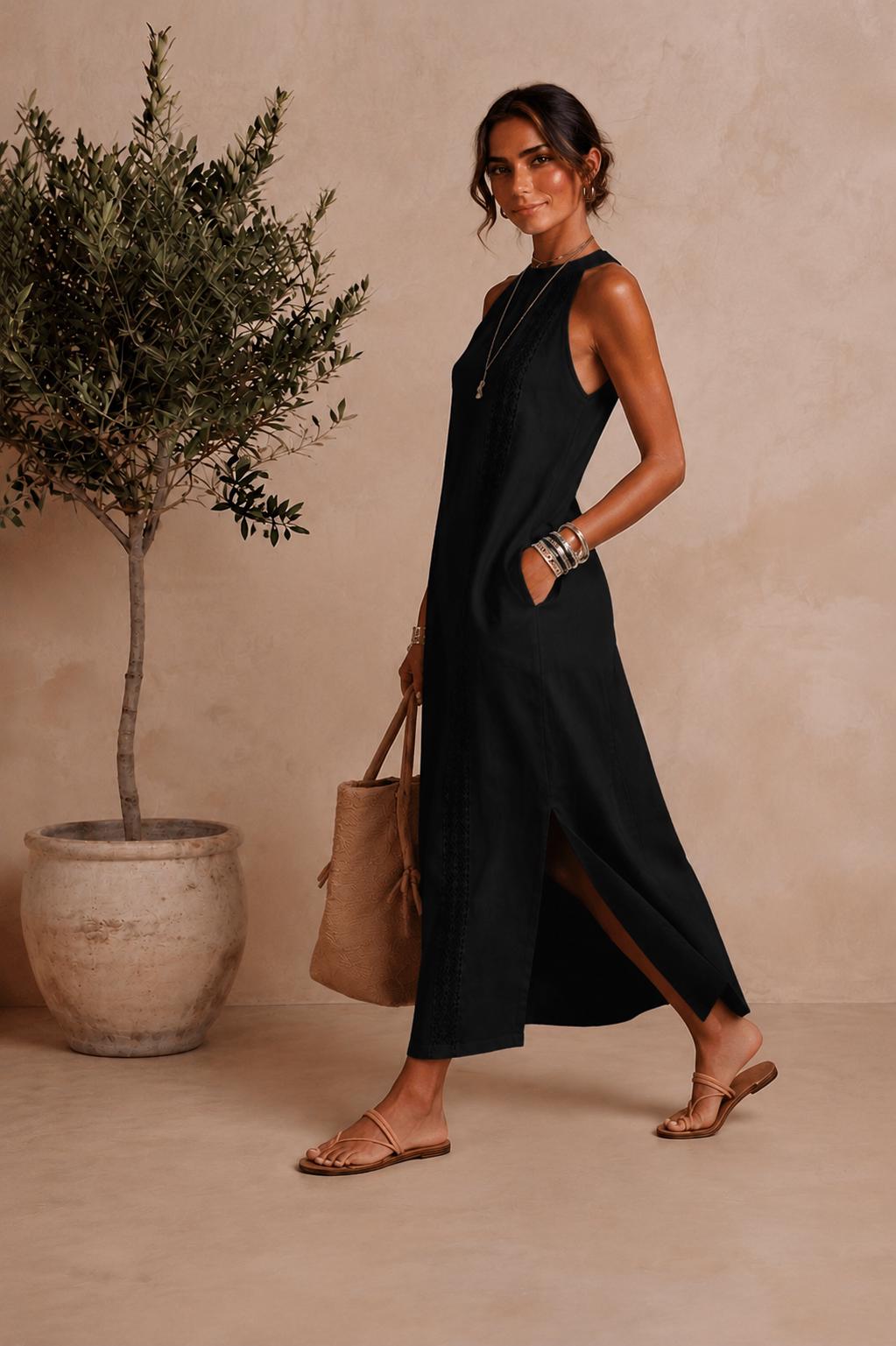 Womens Sleeveless Maxi Dress Boho Summer Dress Casual Linen Look Dress Elegant Vacation Dress Beach Resort Dress Loose Fit Long Dress