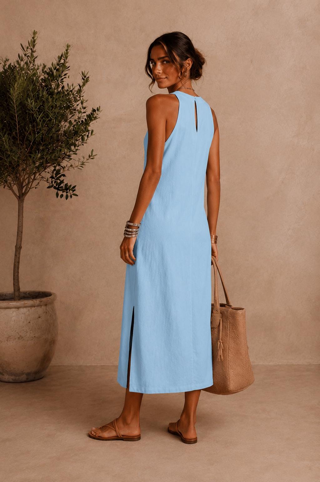 Womens Sleeveless Maxi Dress Boho Summer Dress Casual Linen Look Dress Elegant Vacation Dress Beach Resort Dress Loose Fit Long Dress