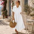 Cotton Linen Maxi Shirt Dress: Loose Fit, Button Down, Pleated, Boho Casual with Pockets