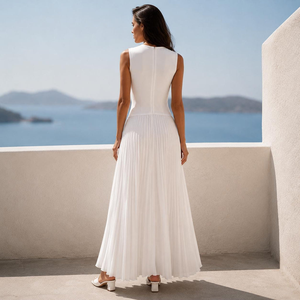 White Maxi Dress, Pleated Dress, Sleeveless Dress, Summer Dress Women, Elegant White Dress, Resort Dress, Wedding Guest Dress