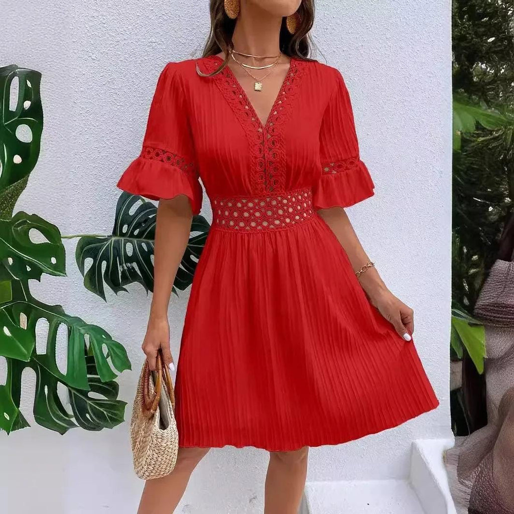 White Beach Dress Women V Neck Hollow Out Summer Dress
