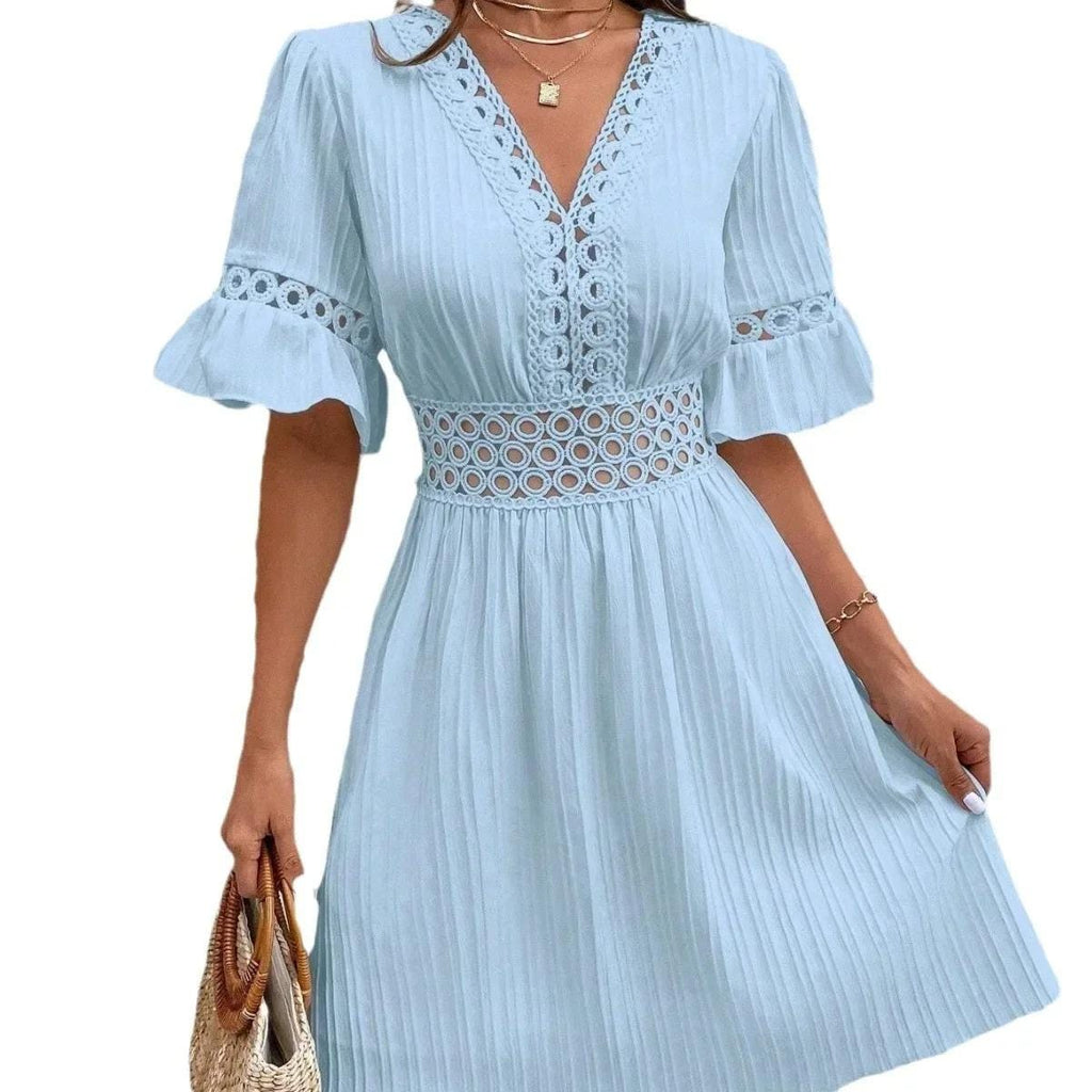 White Beach Dress Women V Neck Hollow Out Summer Dress