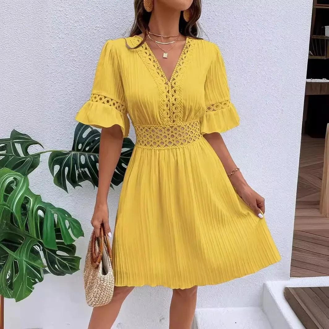 White Beach Dress Women V Neck Hollow Out Summer Dress