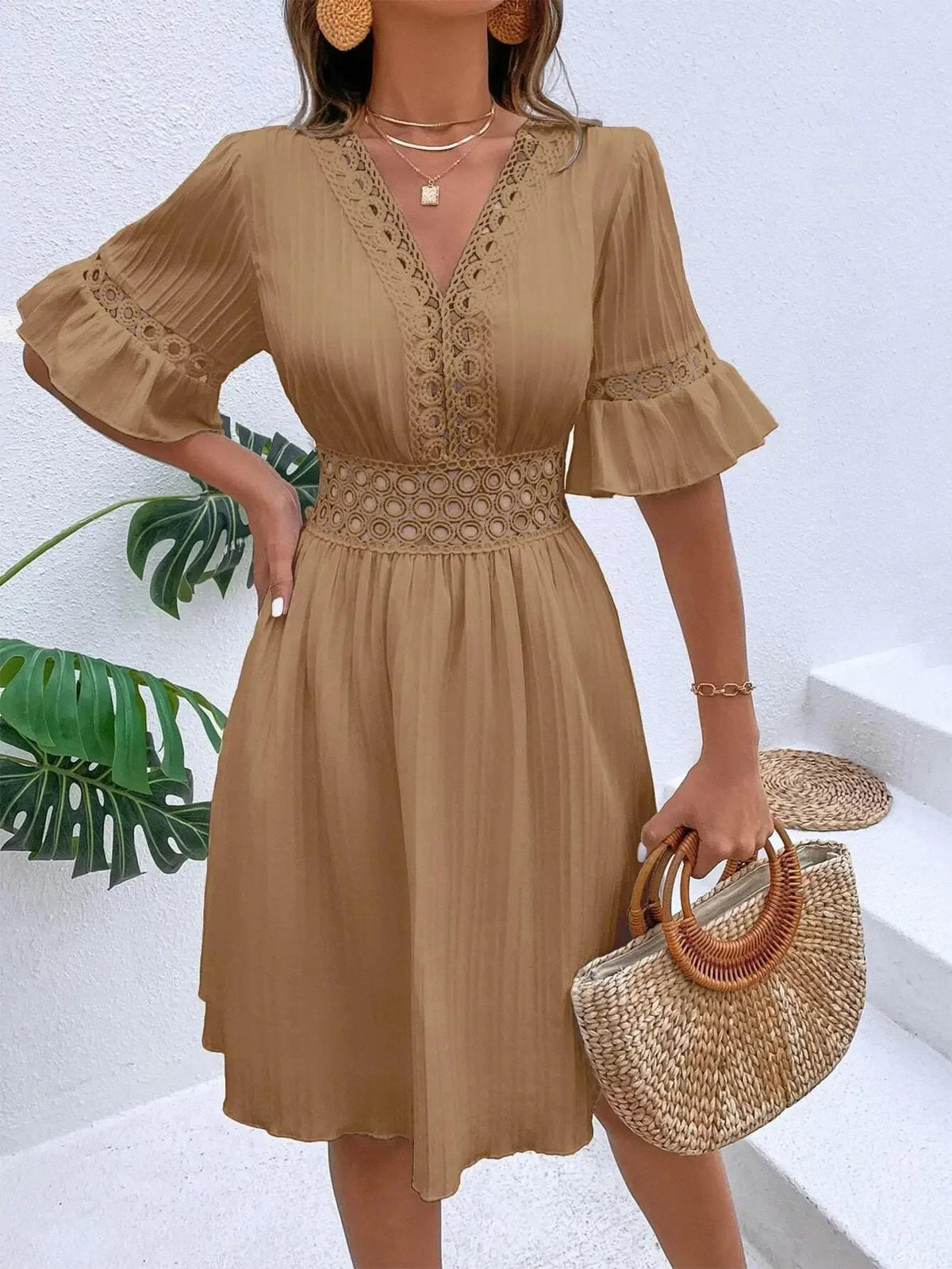 White Beach Dress Women V Neck Hollow Out Summer Dress