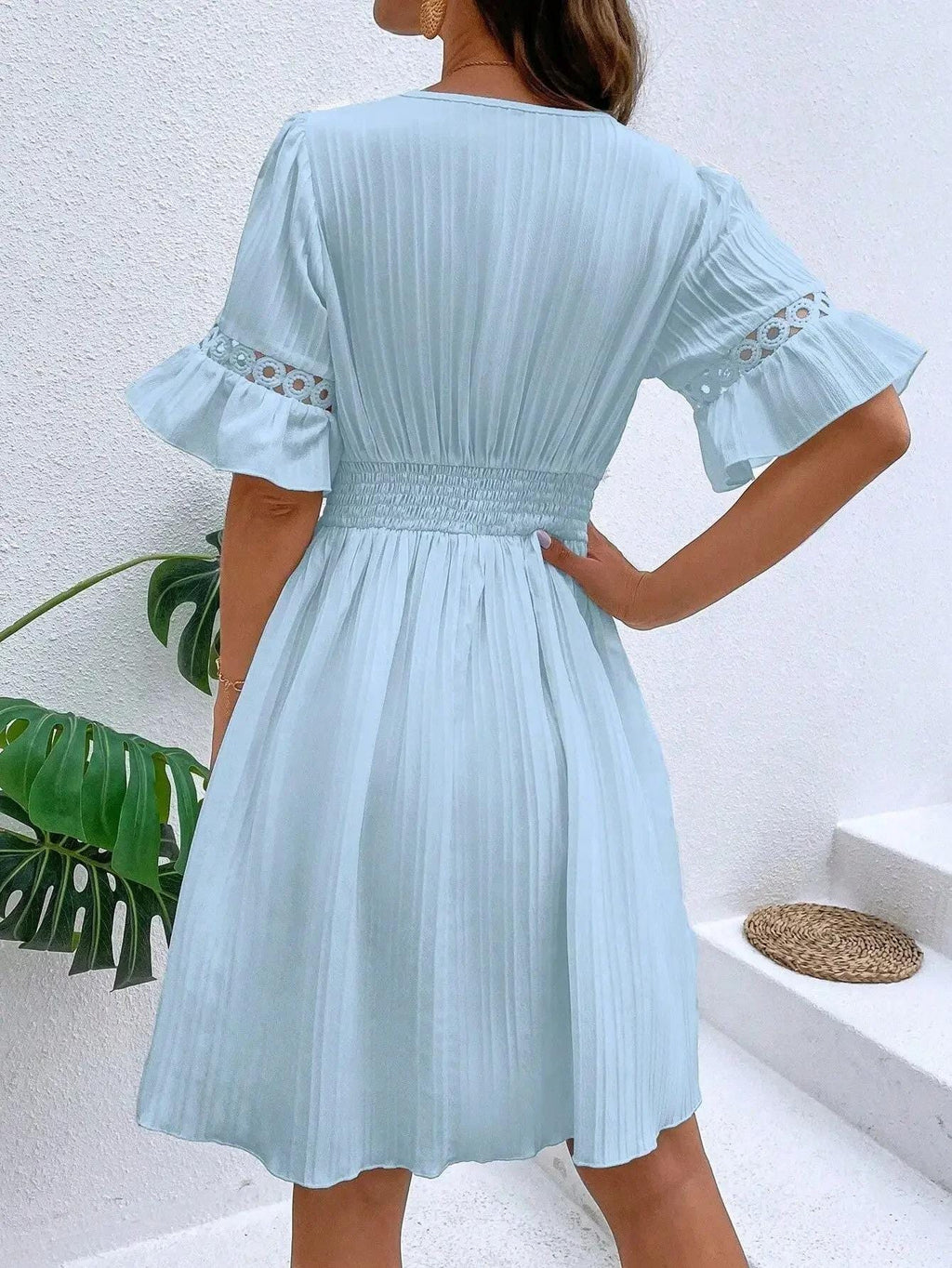 White Beach Dress Women V Neck Hollow Out Summer Dress